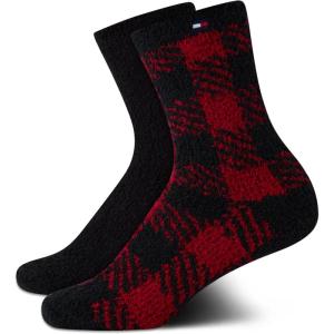 Tommy Hilfiger Womens Crew Socks – 2 Pack Super Soft Cozy Crew Socks for Women, Fuzzy Long Socks for Everyday Wear(Red Check)