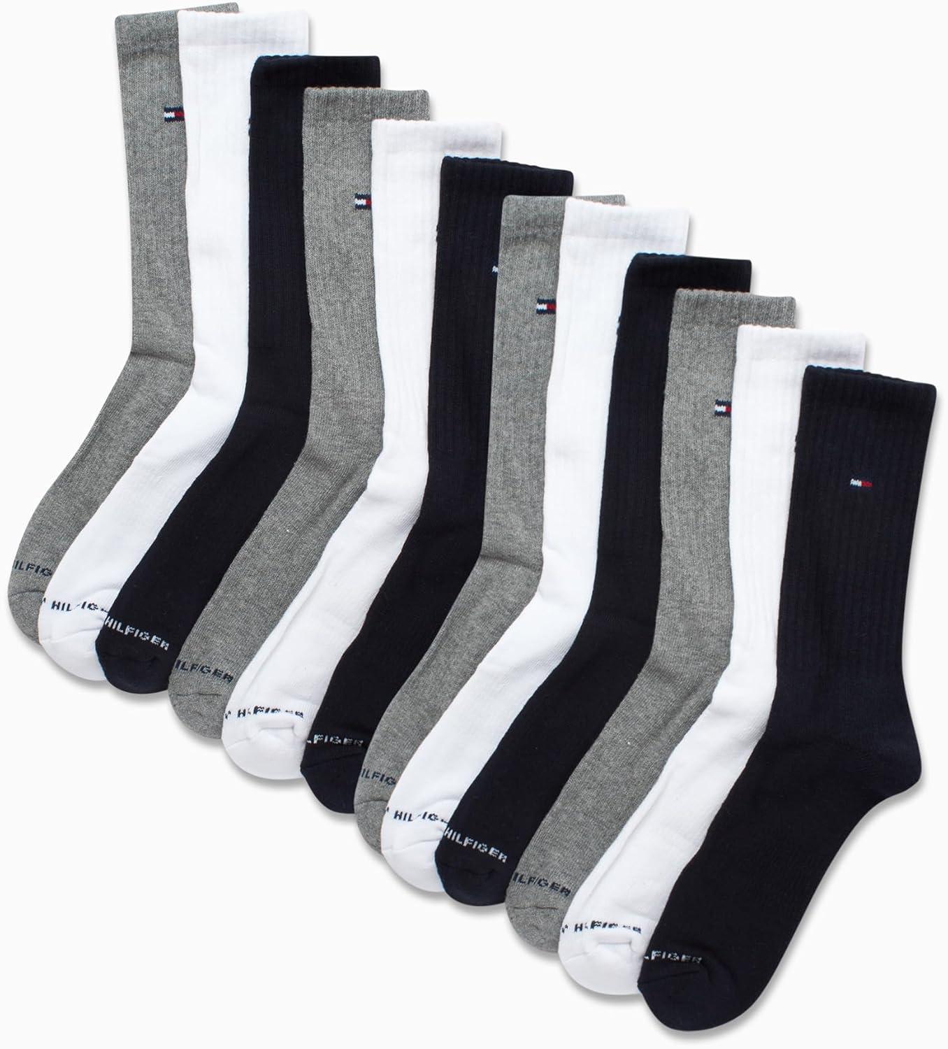 imageTommy Hilfiger Mens Crew Socks 12 Pack Cotton Blend Cushioned Athletic Performance Crew Length Running Socks for MenBlack Grey Assorted