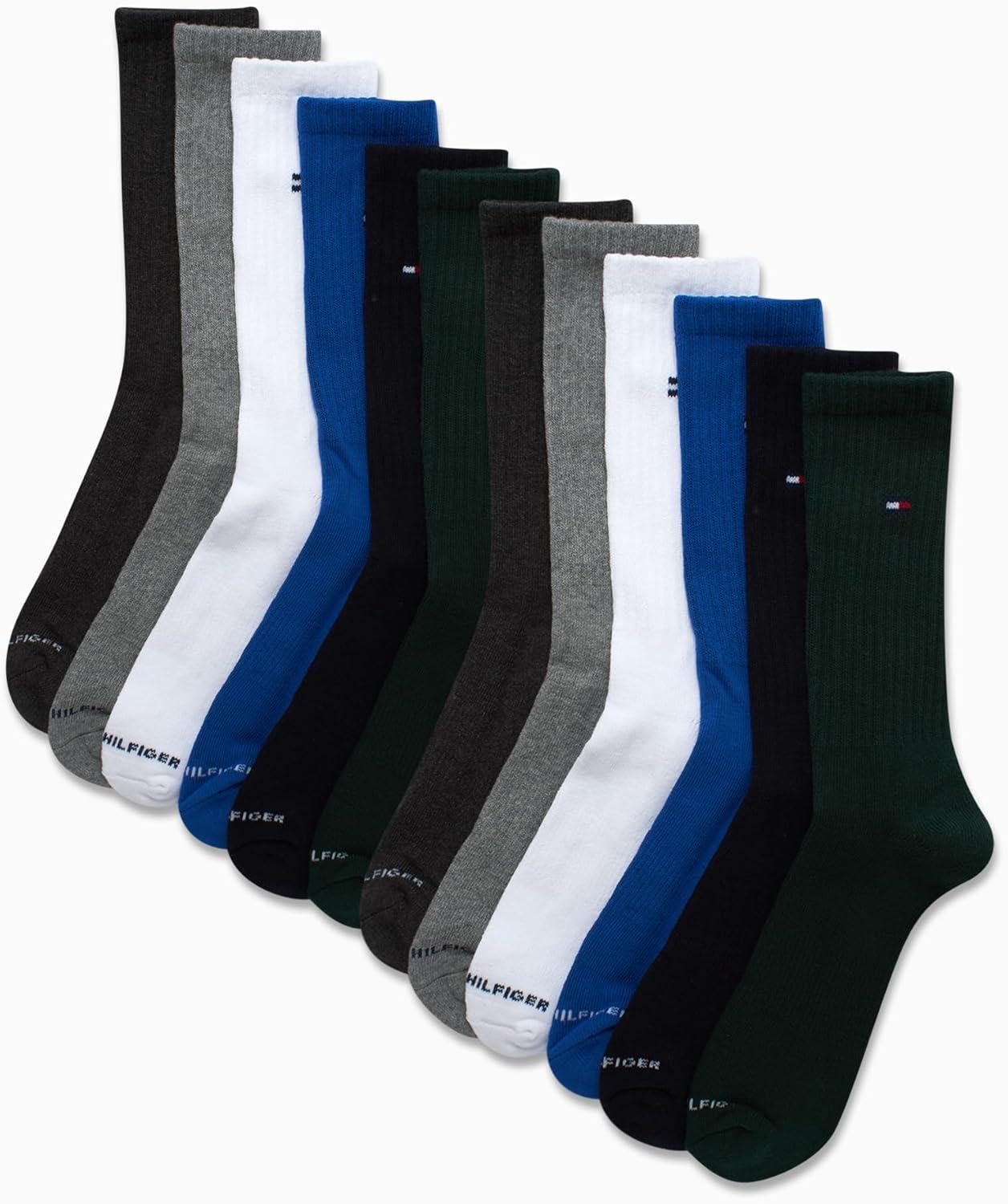imageTommy Hilfiger Mens Crew Socks 12 Pack Cotton Blend Cushioned Athletic Performance Crew Length Running Socks for MenDark Green Assorted