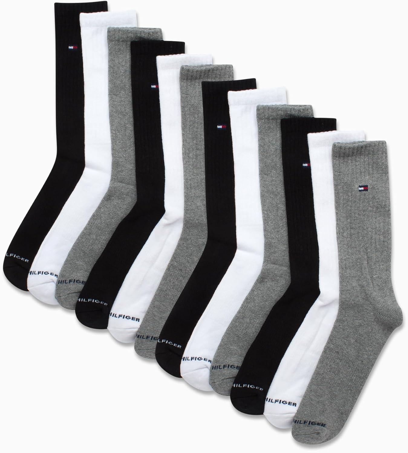 imageTommy Hilfiger Mens Crew Socks 12 Pack Cotton Blend Cushioned Athletic Performance Crew Length Running Socks for MenNavyWhiteGrey