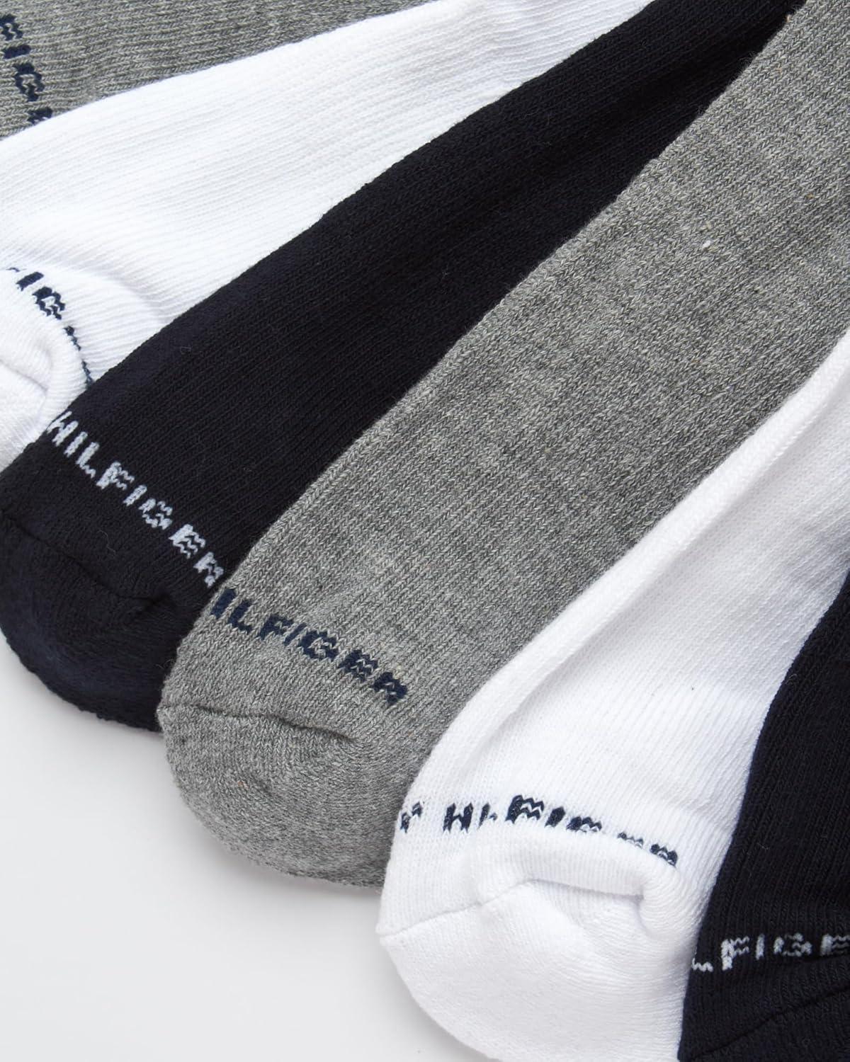 imageTommy Hilfiger Mens Crew Socks 12 Pack Cotton Blend Cushioned Athletic Performance Crew Length Running Socks for MenNavyWhiteGrey