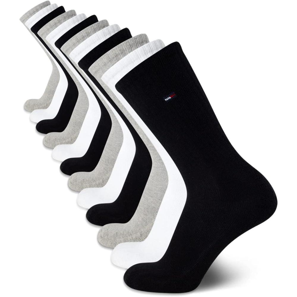 imageTommy Hilfiger Mens Crew Socks 12 Pack Cotton Blend Cushioned Athletic Performance Crew Length Running Socks for MenBlackWhiteGrey