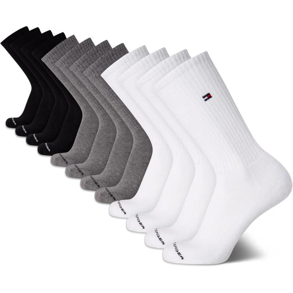 imageTommy Hilfiger Mens Crew Socks 12 Pack Cotton Blend Cushioned Athletic Performance Crew Length Running Socks for MenGrey Assorted