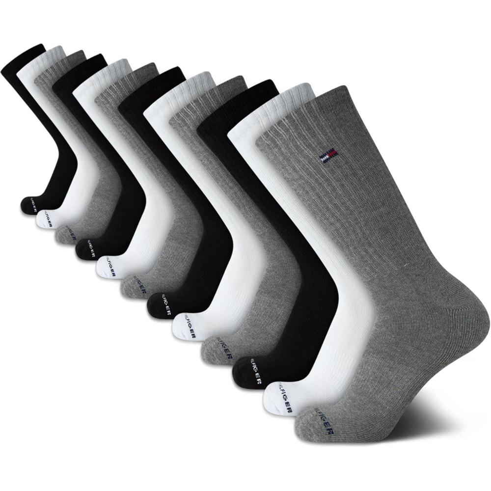 imageTommy Hilfiger Mens Crew Socks 12 Pack Cotton Blend Cushioned Athletic Performance Crew Length Running Socks for MenNavyWhiteGrey