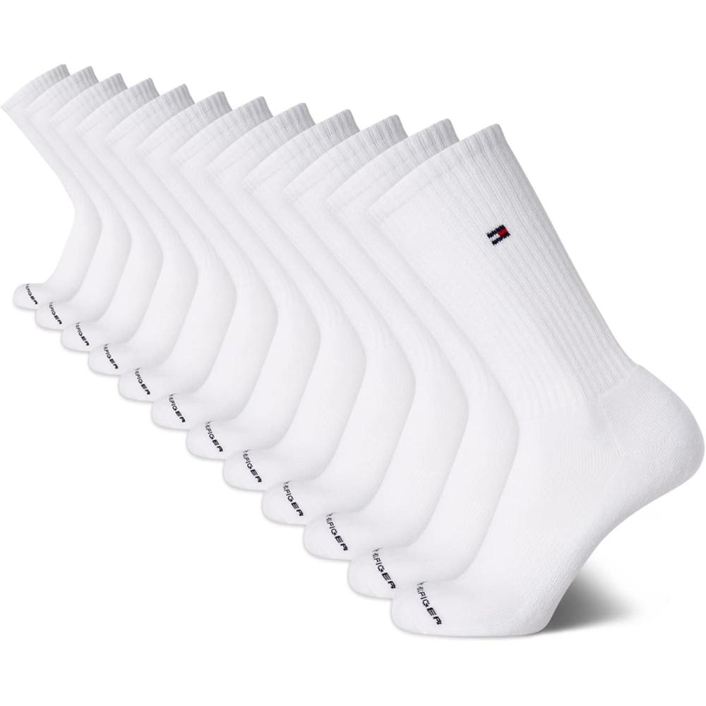 imageTommy Hilfiger Mens Crew Socks 12 Pack Cotton Blend Cushioned Athletic Performance Crew Length Running Socks for MenWhite Flag