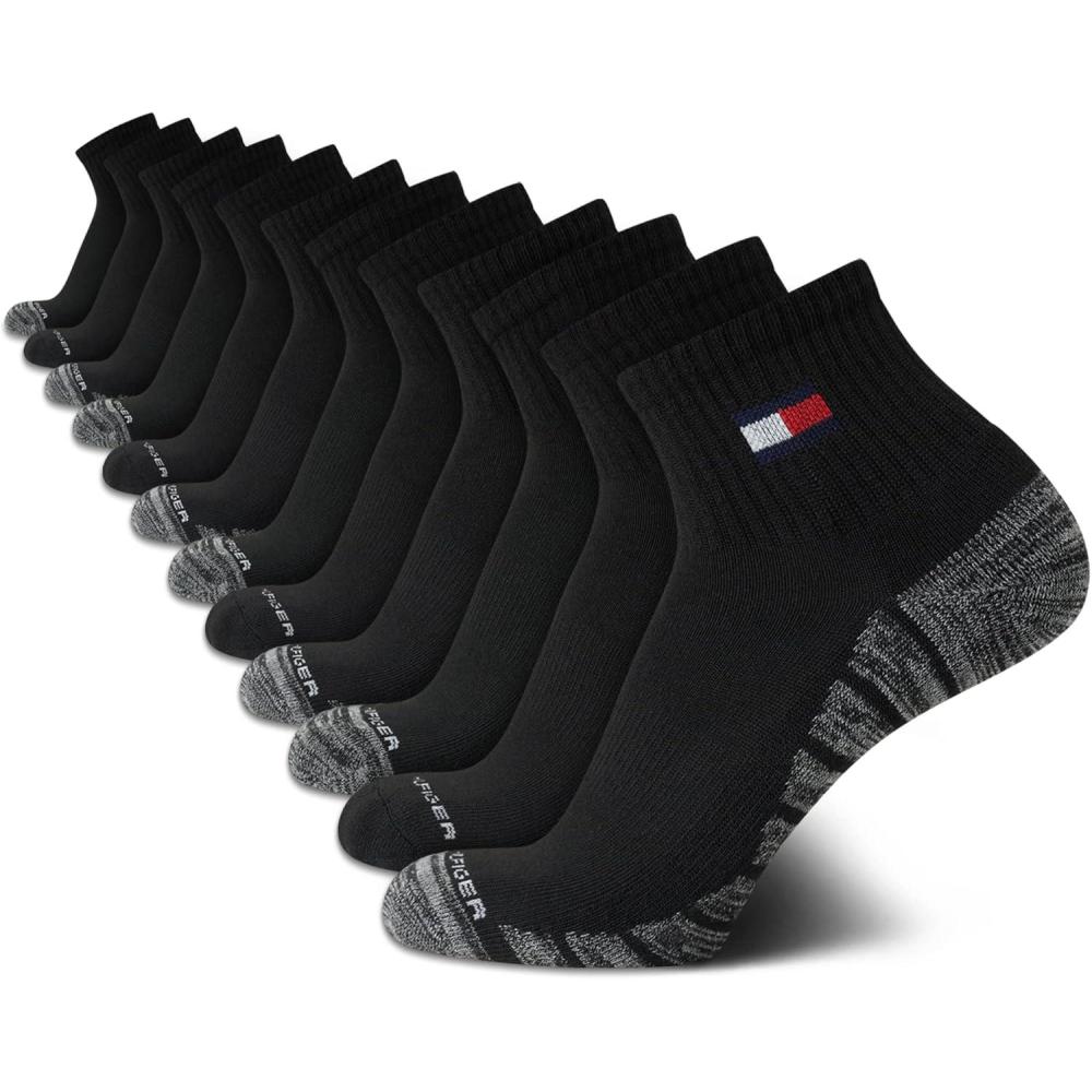 imageTommy Hilfiger Mens Quarter Socks 12 Pack Cotton Blend Athletic Performance Cushioned Ankle Socks for Men with Arch Support Size 712 Black