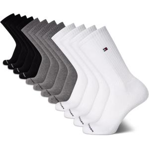 Tommy Hilfiger Mens Crew Socks – 12 Pack Cotton Blend Cushioned Athletic Performance Crew Length Running Socks for Men(Grey Assorted)
