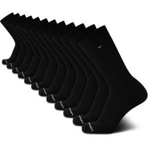 Tommy Hilfiger Mens Crew Socks – 12 Pack Cotton Blend Cushioned Athletic Performance Crew Length Running Socks for Men(Pure Black)