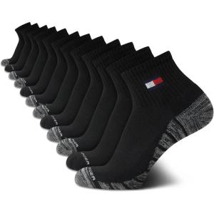 Tommy Hilfiger Mens Quarter Socks – 12 Pack Cotton Blend Athletic Performance Cushioned Ankle Socks for Men with Arch Support, Size 7-12, Black