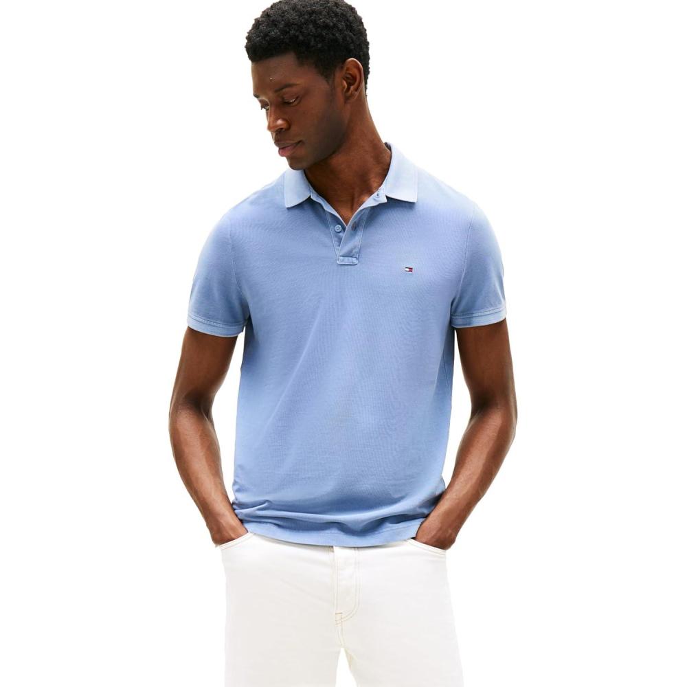 imageTommy Hilfiger Mens Short Sleeve Casual Polo Shirts in Regular Fit with Garment Dye CottonBrisk Blue