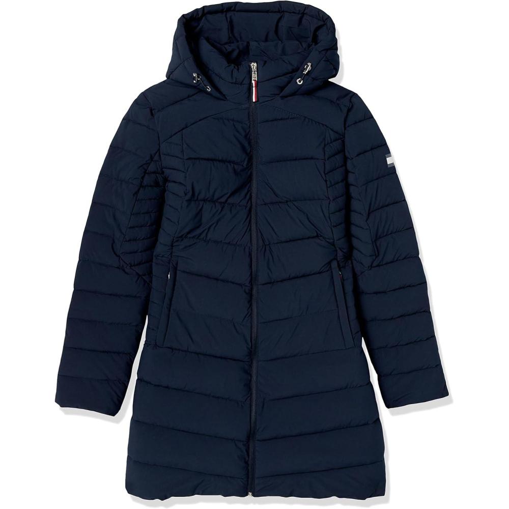 imageTOMMY HILFIGER womens Hooded Solid Zip Up Long Packable JacketNavy