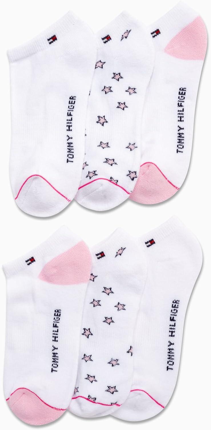 imageTommy Hilfiger Unisex Kids Athletic Socks Cotton Blend Low Cut Ankle Socks BoysGirls 6 PackWhitePink