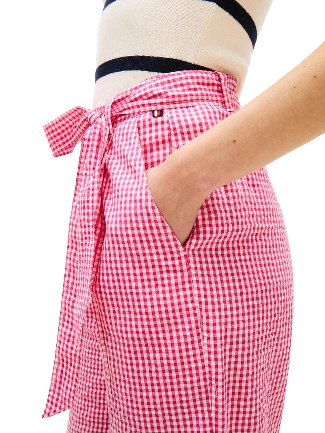 imageTommy Hilfiger Womens Gingham Pants in Tapered Fit Ankle Pants with BeltPink Perfection Ecru Gingham