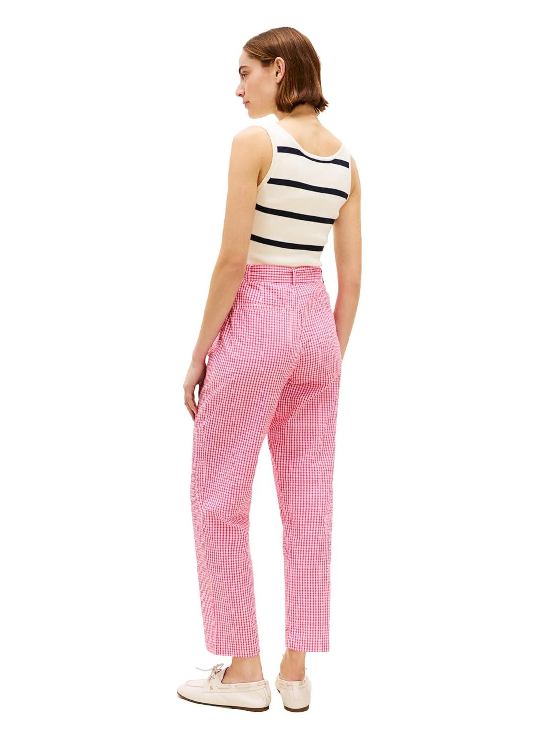imageTommy Hilfiger Womens Gingham Pants in Tapered Fit Ankle Pants with BeltPink Perfection Ecru Gingham