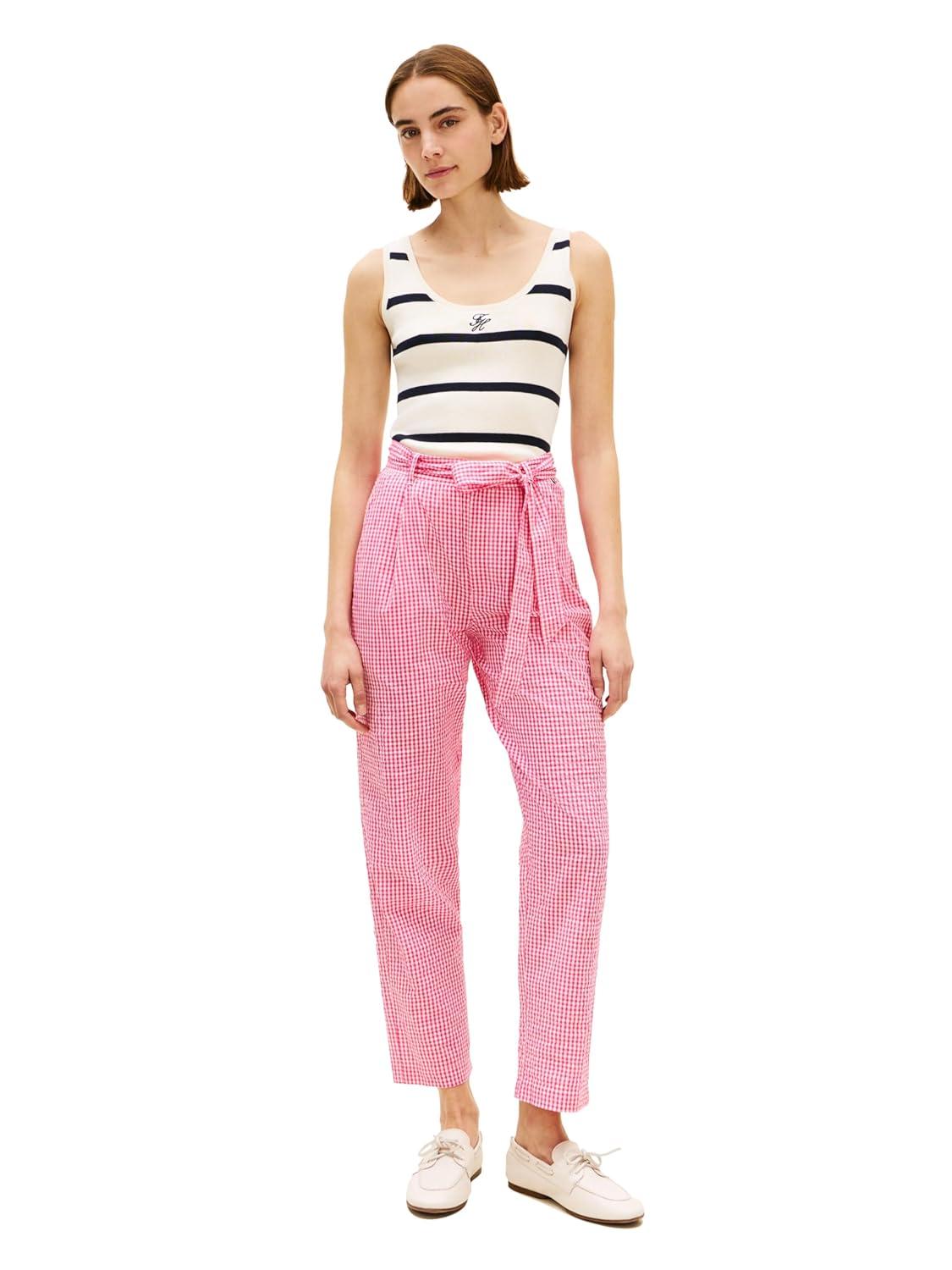 imageTommy Hilfiger Womens Gingham Pants in Tapered Fit Ankle Pants with BeltPink Perfection Ecru Gingham