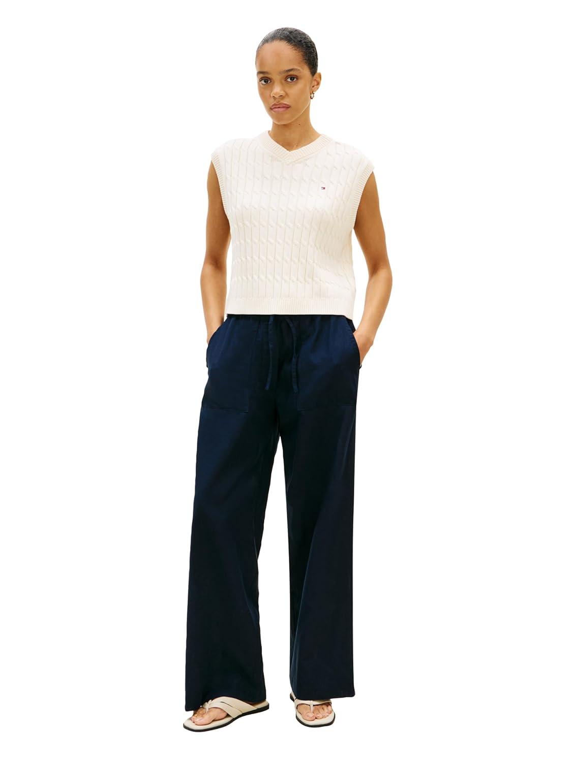 imageTommy Hilfiger Womens Linen Pants Wide Leg Casual Pants with PocketsDark Night Navy