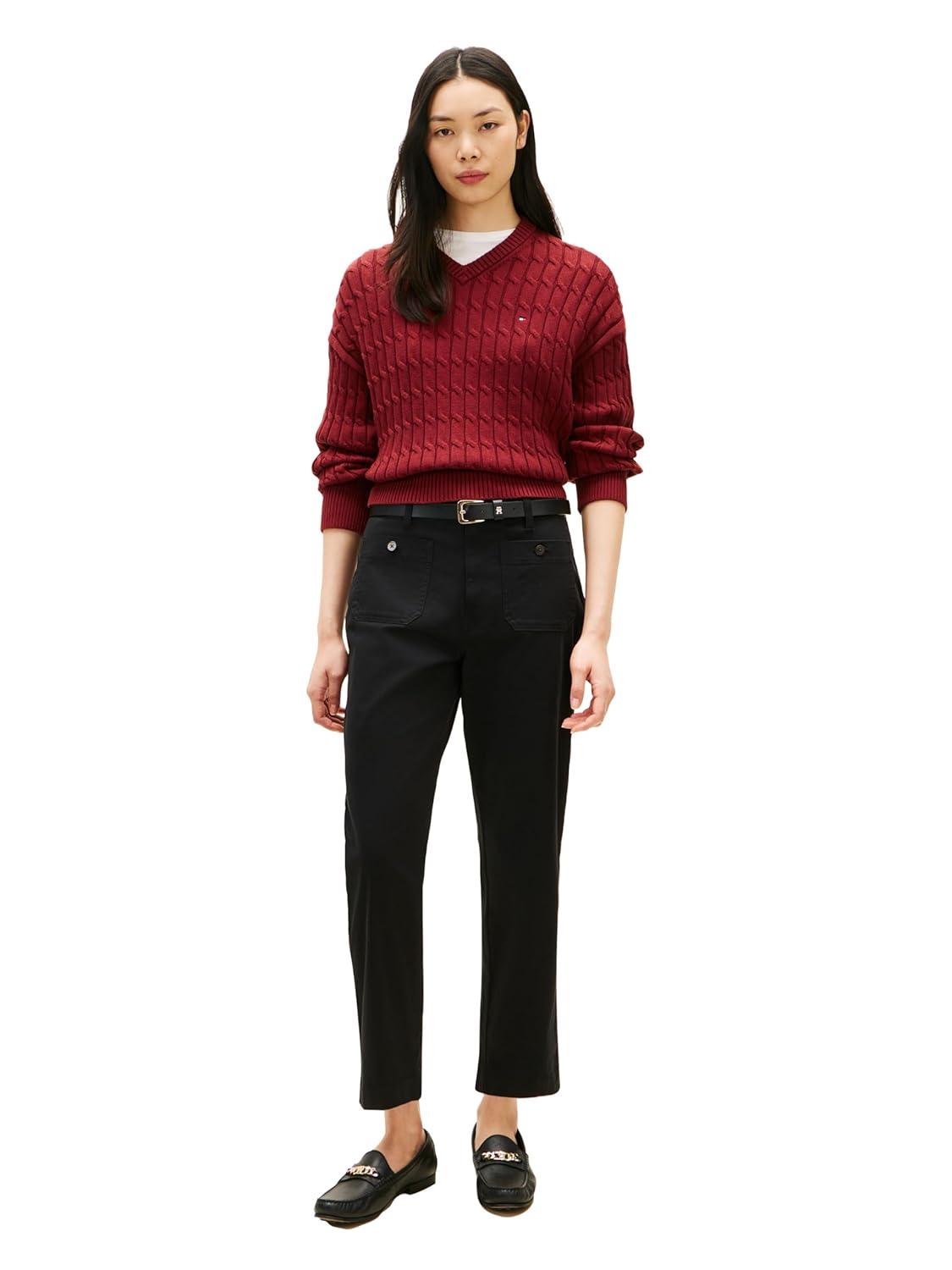 imageTommy Hilfiger Womens Twill Straight Chino Pants with Stretch Mid Rise Ankle PantsBlack