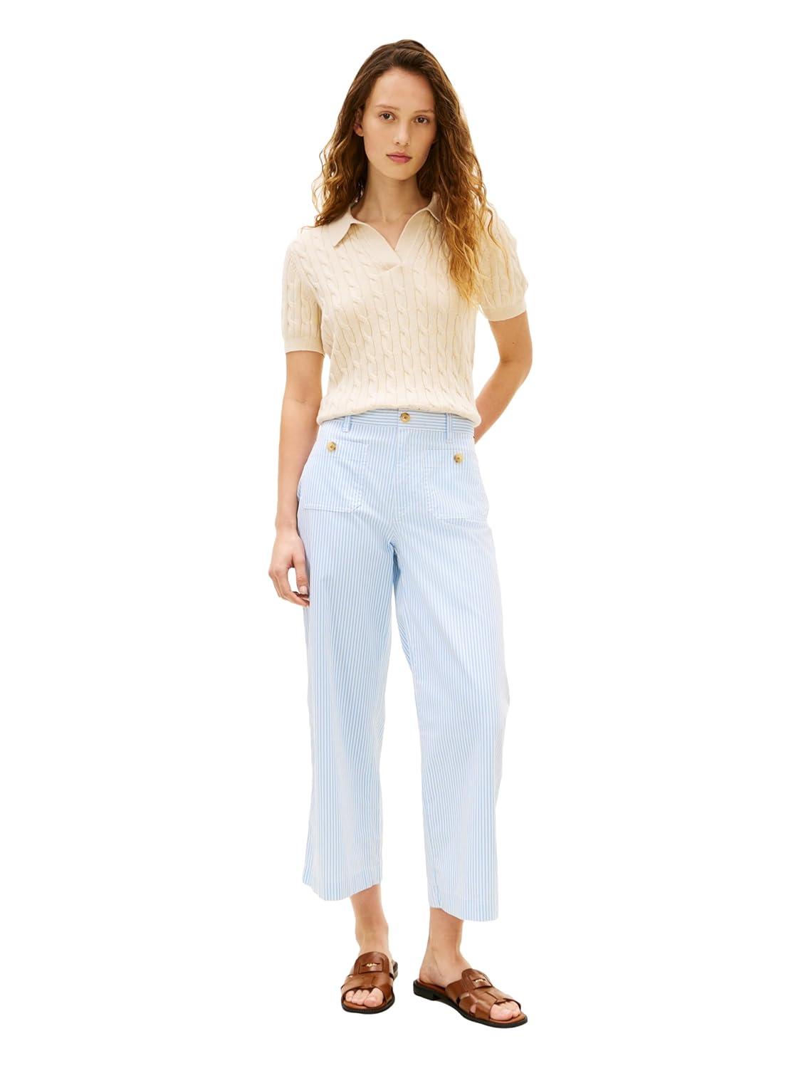 imageTommy Hilfiger Womens Twill Straight Chino Pants with Stretch Mid Rise Ankle PantsClassic Ithaca Flag Stripe WhiteVessel Blue