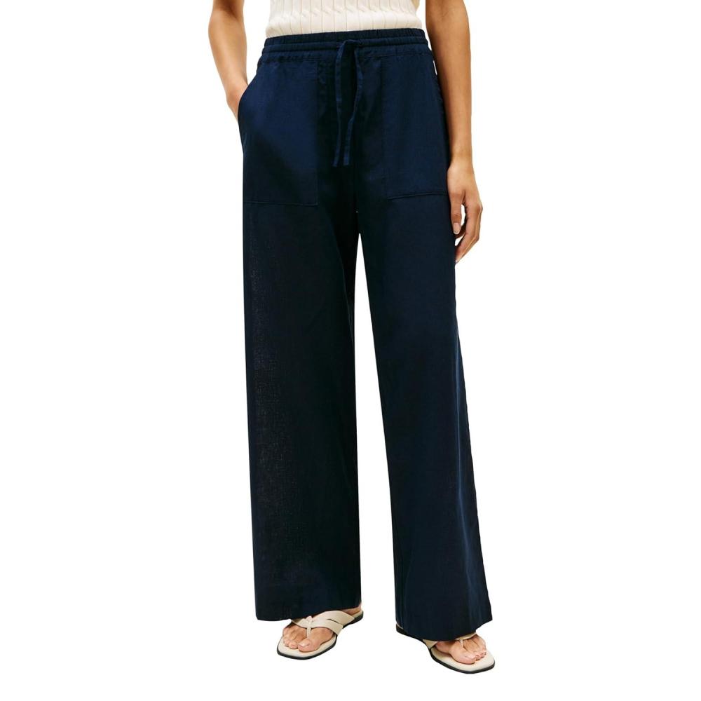 imageTommy Hilfiger Womens Linen Pants Wide Leg Casual Pants with PocketsDark Night Navy