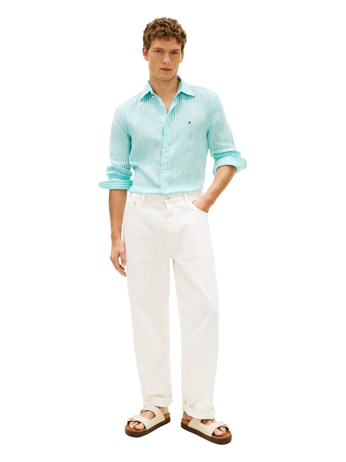 imageTommy Hilfiger Mens Long Sleeve Casual Linen Button Down Shirts in Regular FitArctic Aqua Stripe