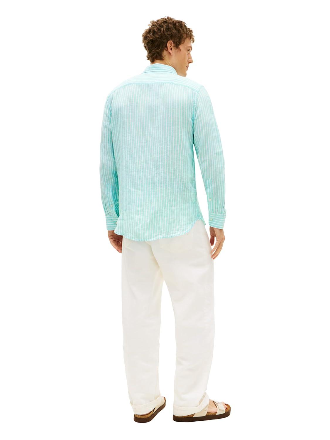 imageTommy Hilfiger Mens Long Sleeve Casual Linen Button Down Shirts in Regular FitArctic Aqua Stripe
