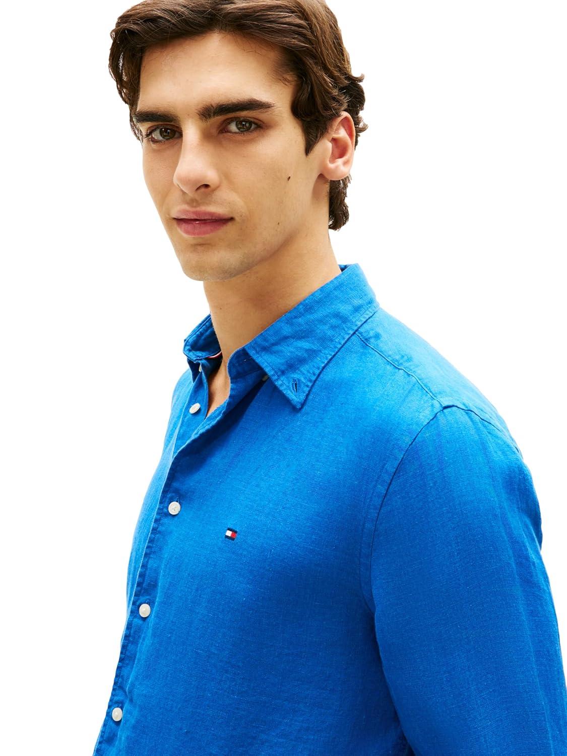 imageTommy Hilfiger Mens Long Sleeve Casual Linen Button Down Shirts in Regular FitBlue Orbit