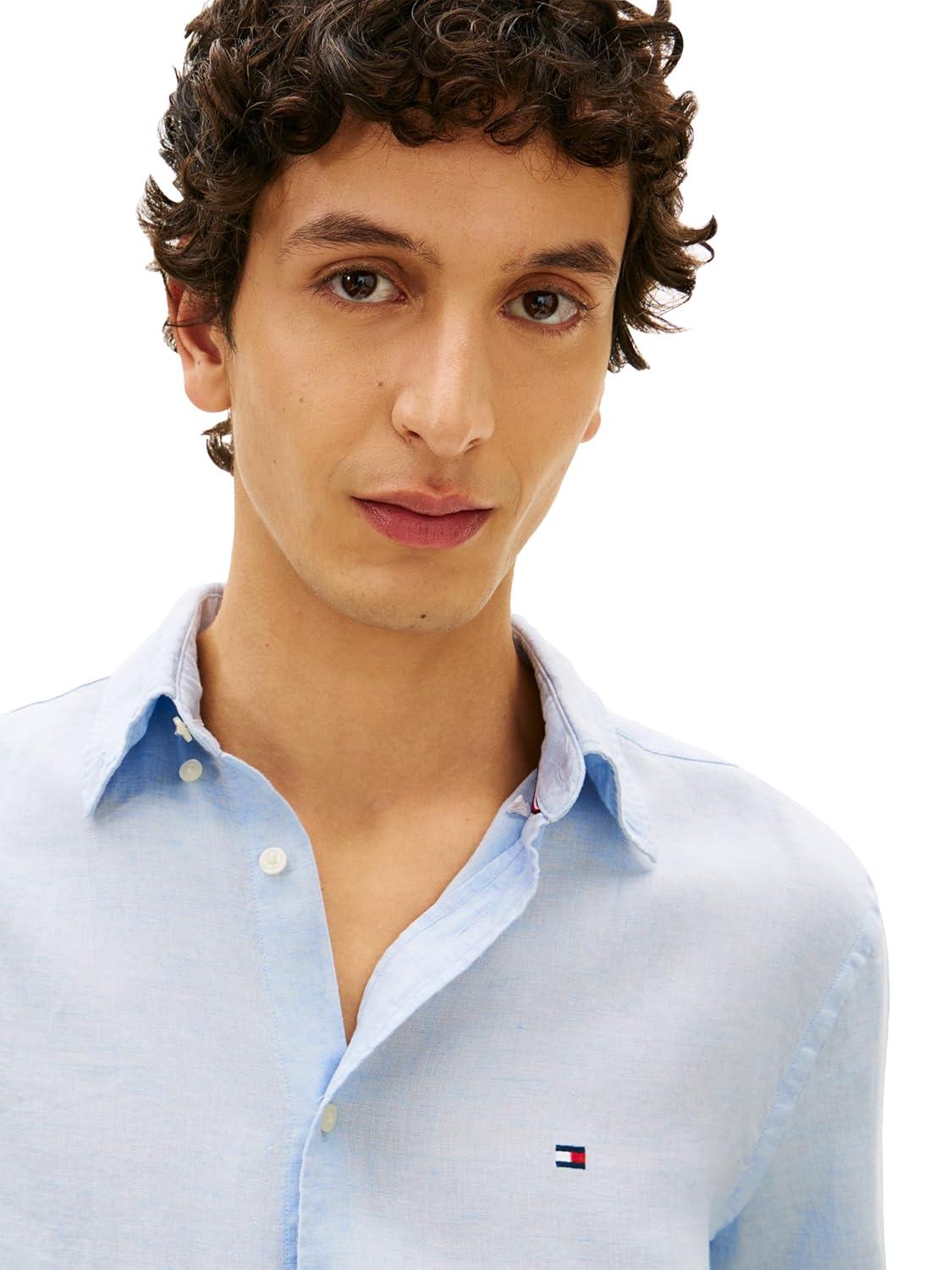 imageTommy Hilfiger Mens Long Sleeve Casual Linen Button Down Shirts in Regular FitBreezy Blue