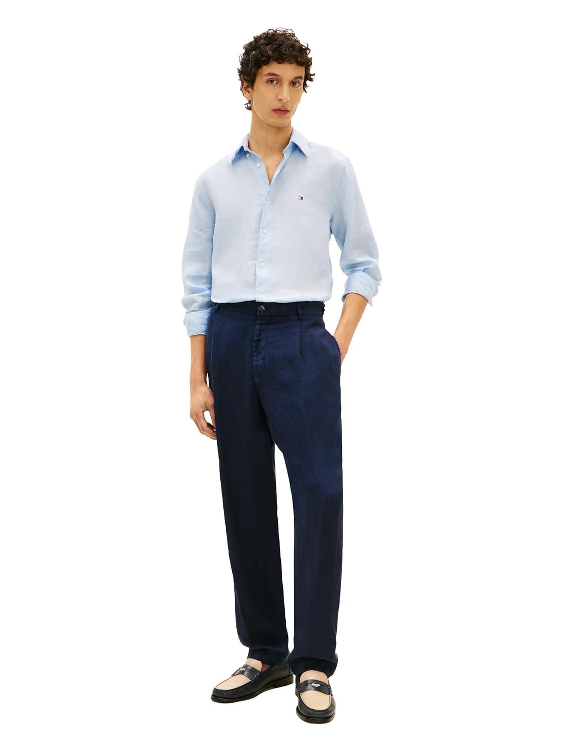 imageTommy Hilfiger Mens Long Sleeve Casual Linen Button Down Shirts in Regular FitBreezy Blue