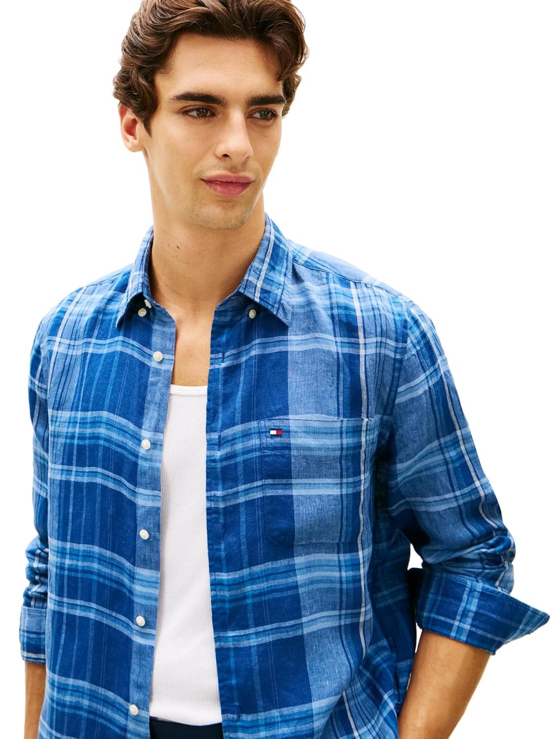 imageTommy Hilfiger Mens Long Sleeve Casual Linen Button Down Shirts in Regular FitBrisk Blue Check