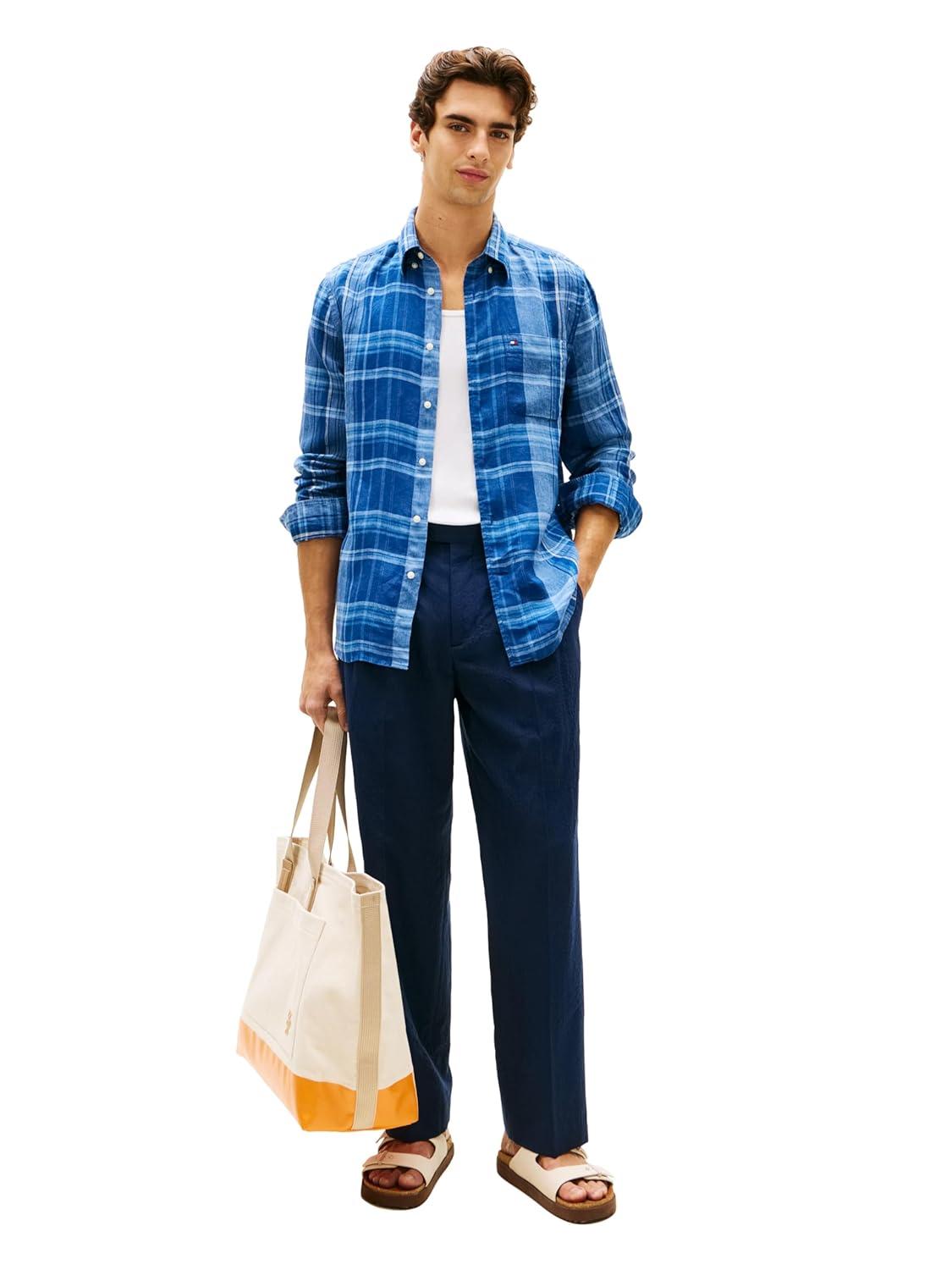 imageTommy Hilfiger Mens Long Sleeve Casual Linen Button Down Shirts in Regular FitBrisk Blue Check