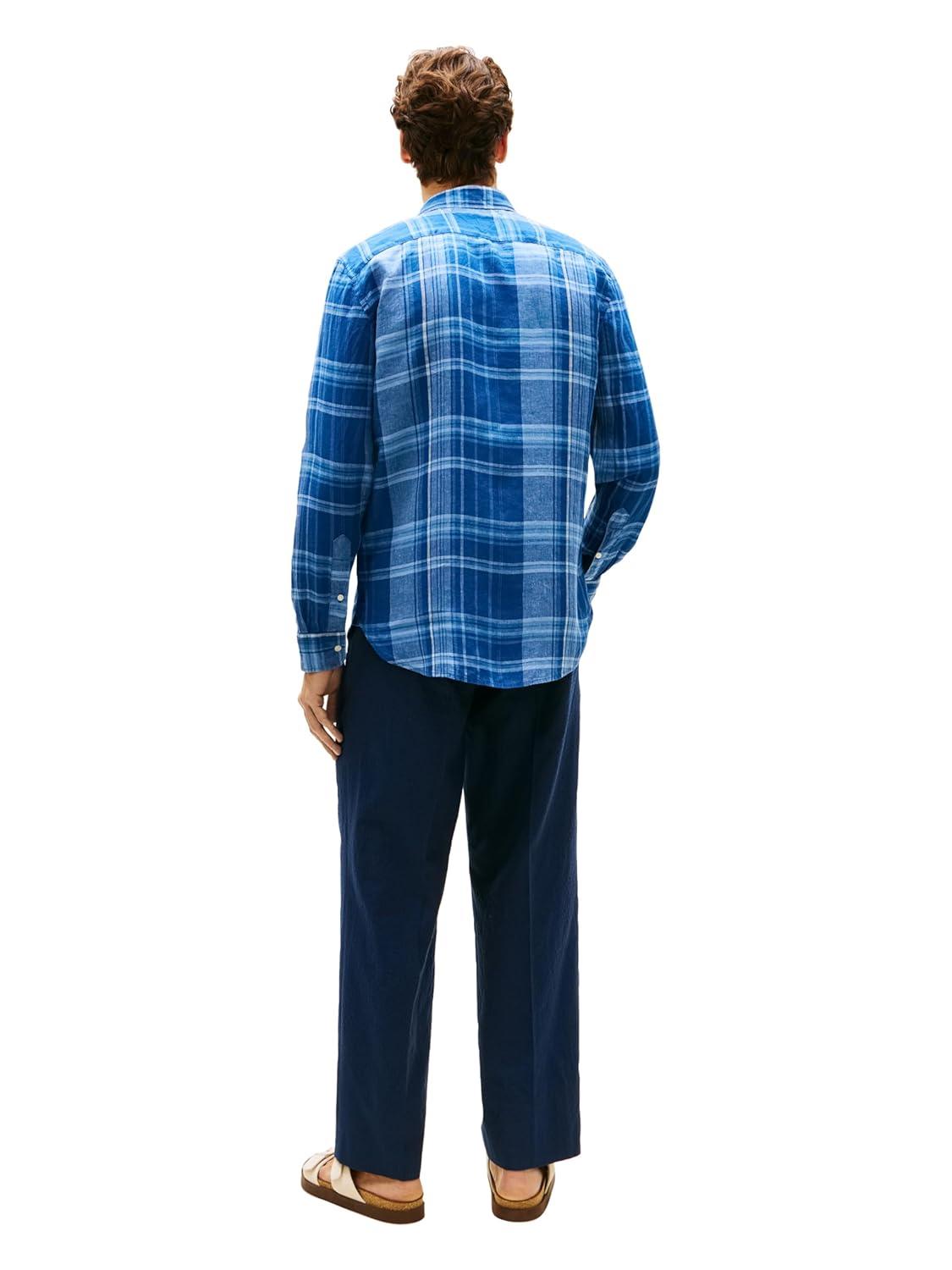 imageTommy Hilfiger Mens Long Sleeve Casual Linen Button Down Shirts in Regular FitBrisk Blue Check