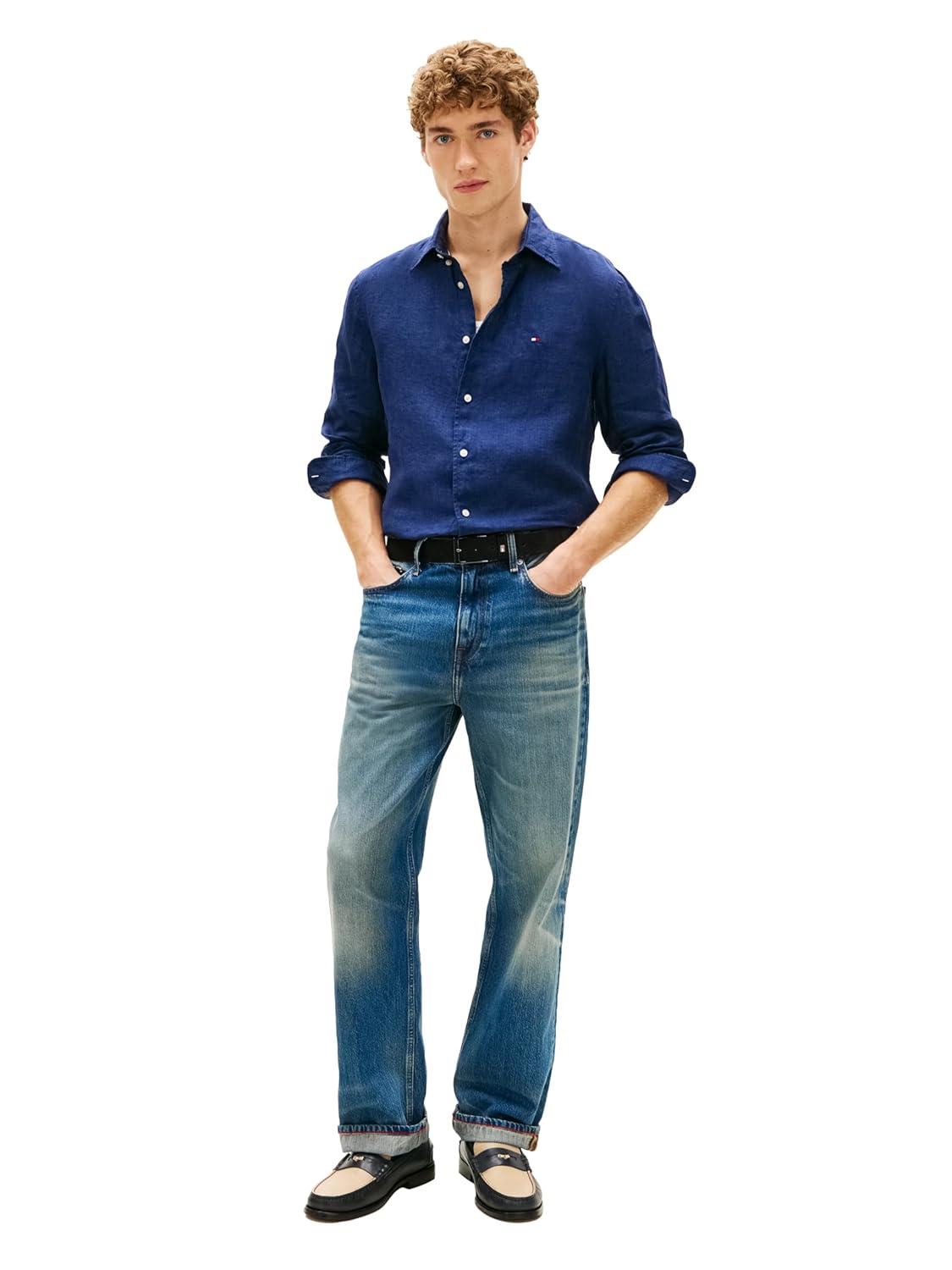 imageTommy Hilfiger Mens Long Sleeve Casual Linen Button Down Shirts in Regular FitCarbon Navy