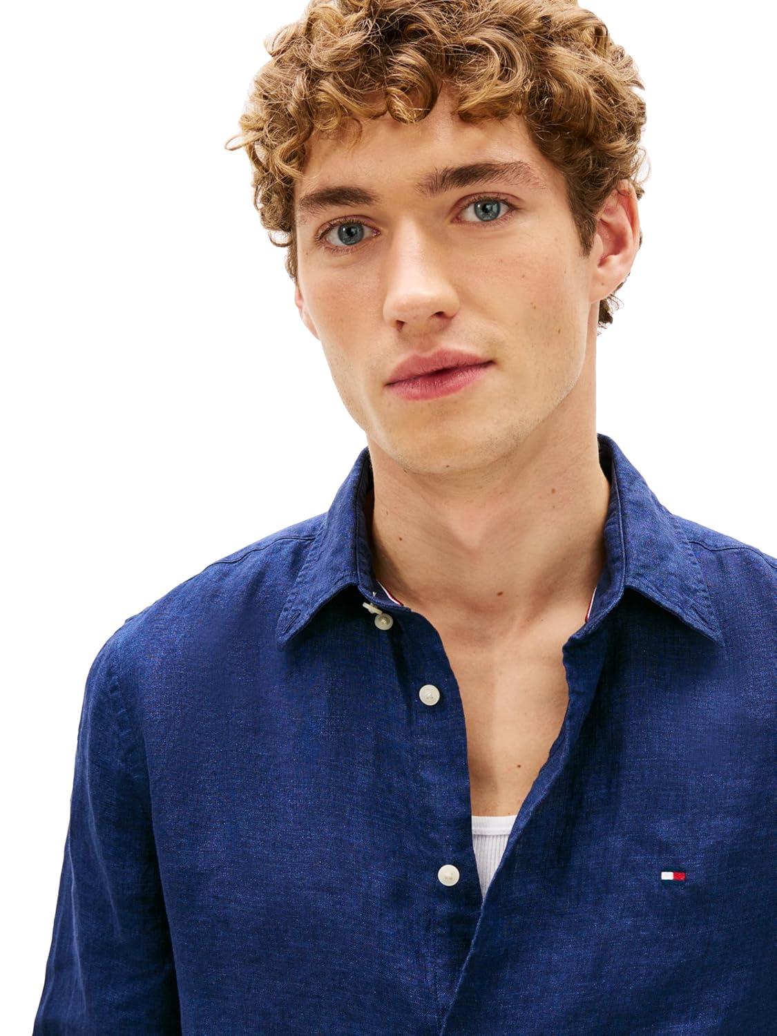 imageTommy Hilfiger Mens Long Sleeve Casual Linen Button Down Shirts in Regular FitCarbon Navy