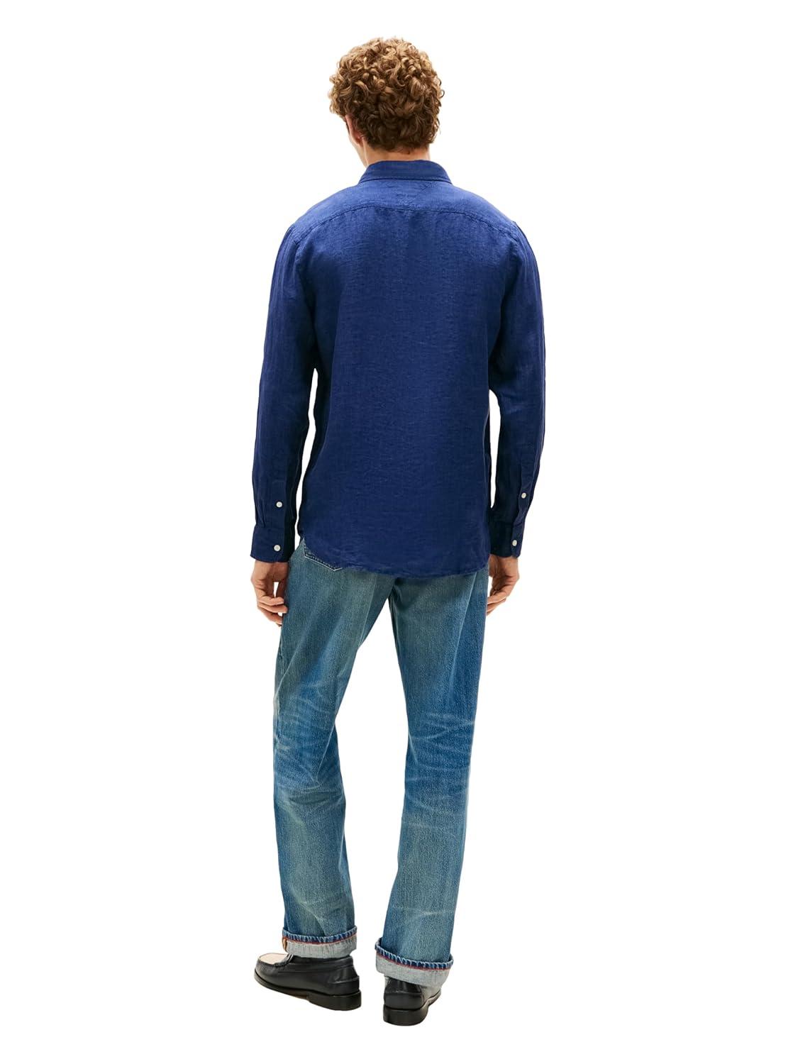 imageTommy Hilfiger Mens Long Sleeve Casual Linen Button Down Shirts in Regular FitCarbon Navy