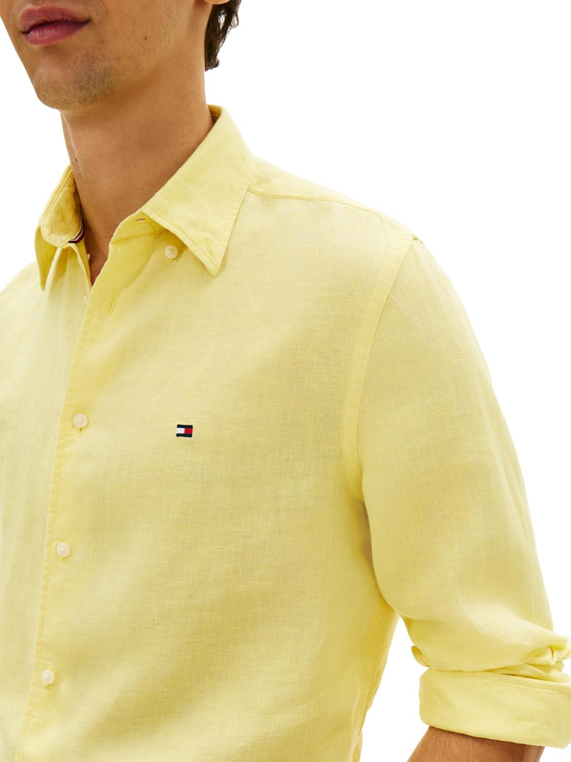 imageTommy Hilfiger Mens Long Sleeve Casual Linen Button Down Shirts in Regular FitCitronella