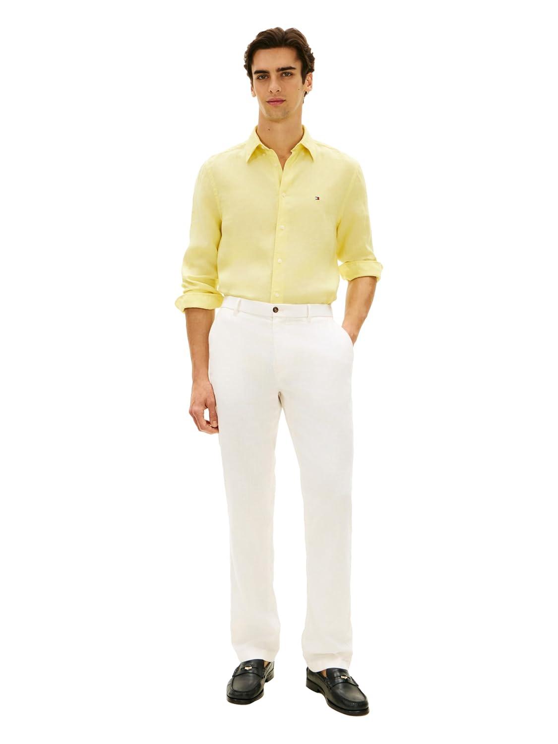 imageTommy Hilfiger Mens Long Sleeve Casual Linen Button Down Shirts in Regular FitCitronella