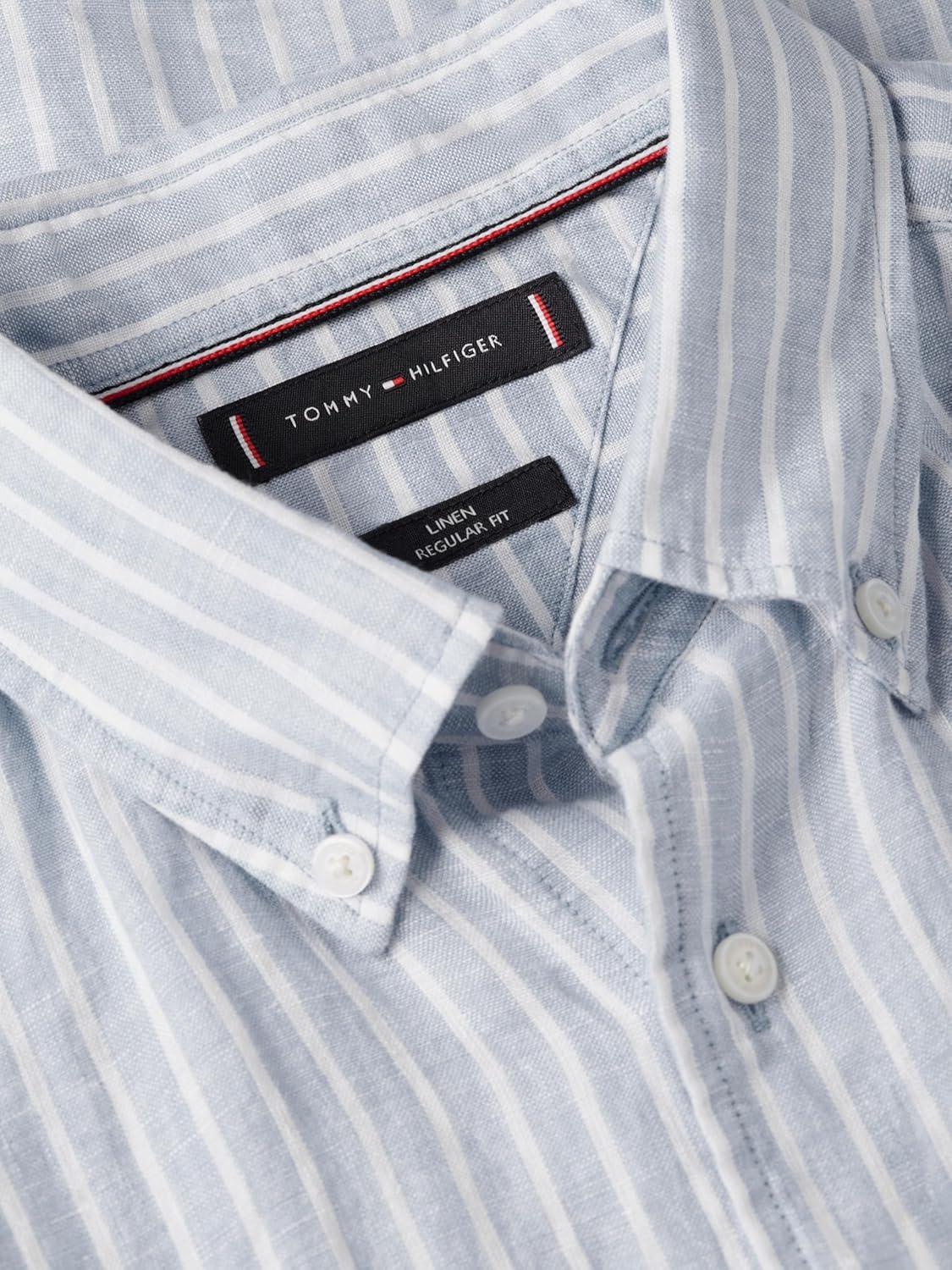 imageTommy Hilfiger Mens Long Sleeve Casual Linen Button Down Shirts in Regular FitCloudy Blue Stripe