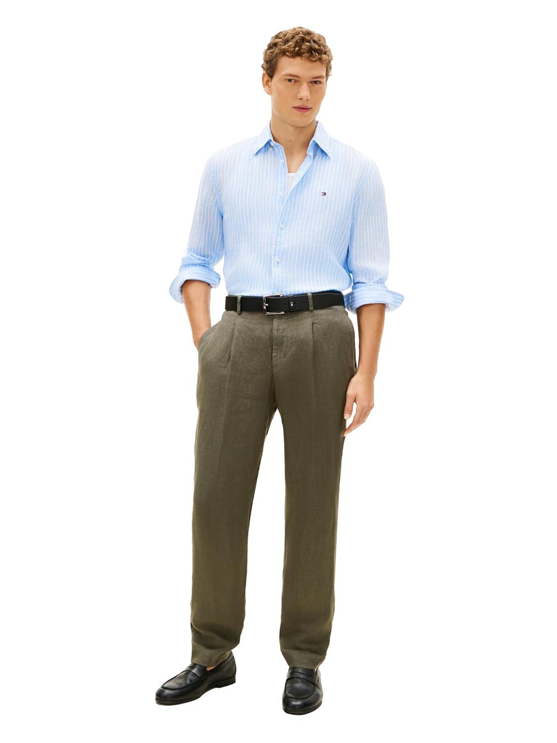imageTommy Hilfiger Mens Long Sleeve Casual Linen Button Down Shirts in Regular FitCloudy Blue Stripe