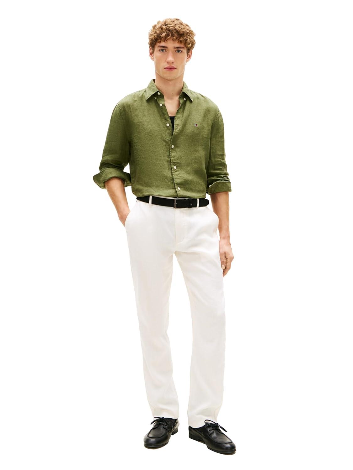 imageTommy Hilfiger Mens Long Sleeve Casual Linen Button Down Shirts in Regular FitDark Artichoke
