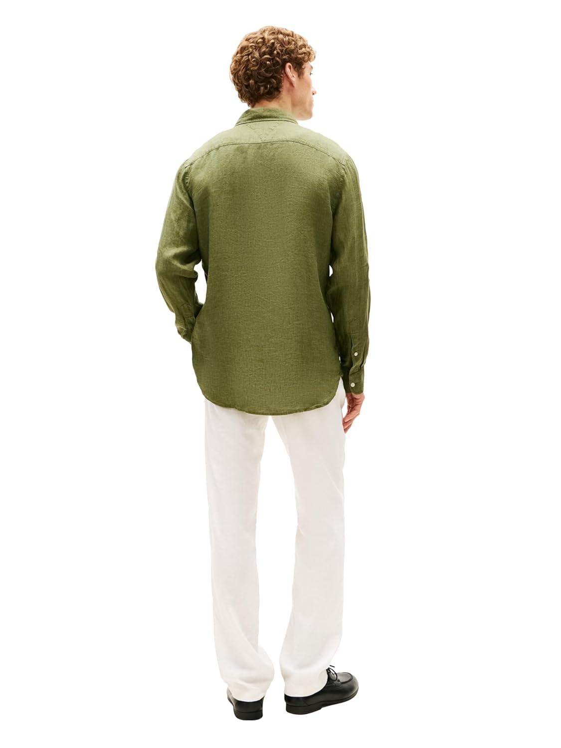 imageTommy Hilfiger Mens Long Sleeve Casual Linen Button Down Shirts in Regular FitDark Artichoke
