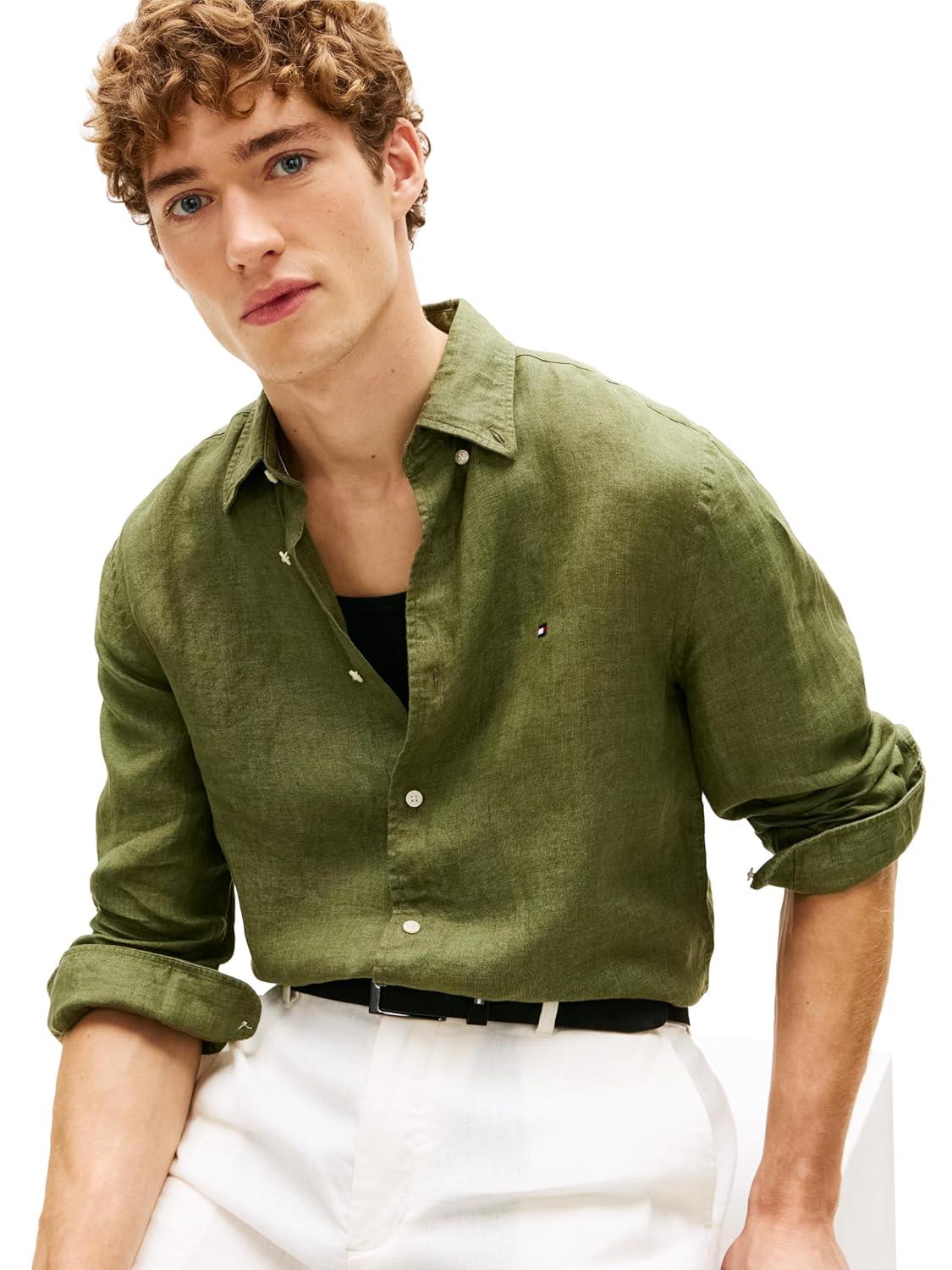 imageTommy Hilfiger Mens Long Sleeve Casual Linen Button Down Shirts in Regular FitDark Artichoke