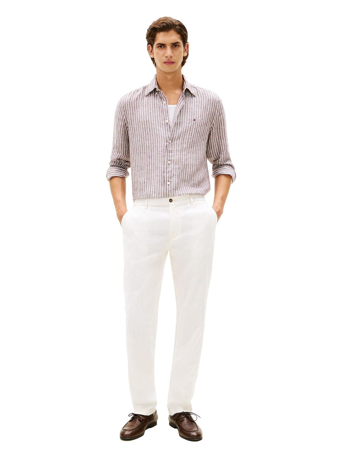 imageTommy Hilfiger Mens Long Sleeve Casual Linen Button Down Shirts in Regular FitLegacy Brown Stripe