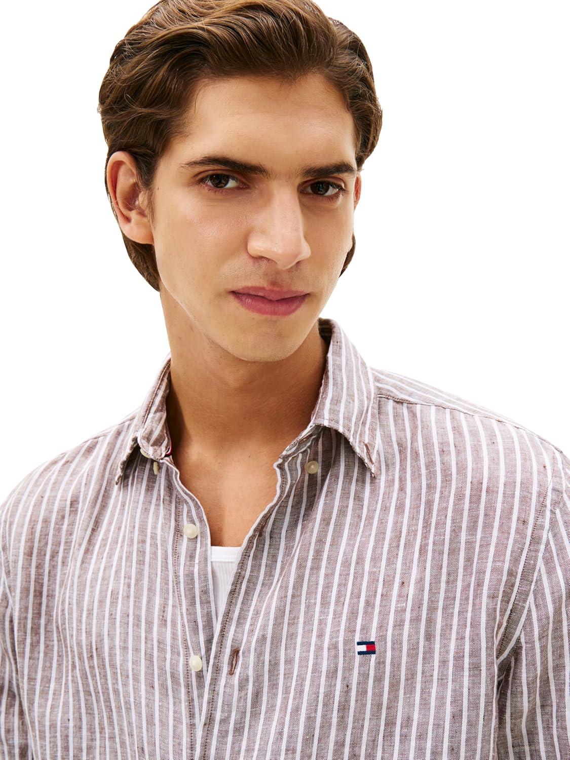 imageTommy Hilfiger Mens Long Sleeve Casual Linen Button Down Shirts in Regular FitLegacy Brown Stripe