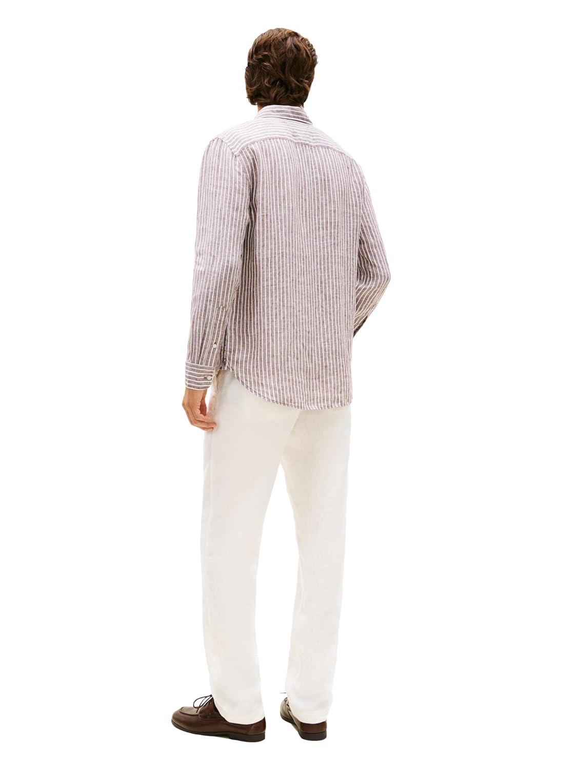imageTommy Hilfiger Mens Long Sleeve Casual Linen Button Down Shirts in Regular FitLegacy Brown Stripe