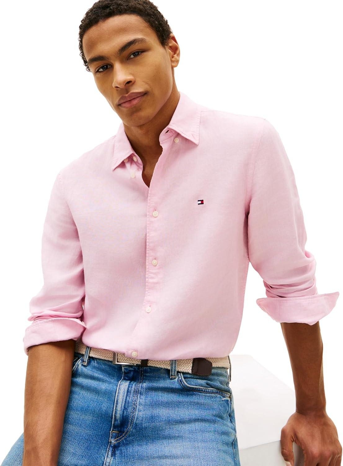 imageTommy Hilfiger Mens Long Sleeve Casual Linen Button Down Shirts in Regular FitLight Pink