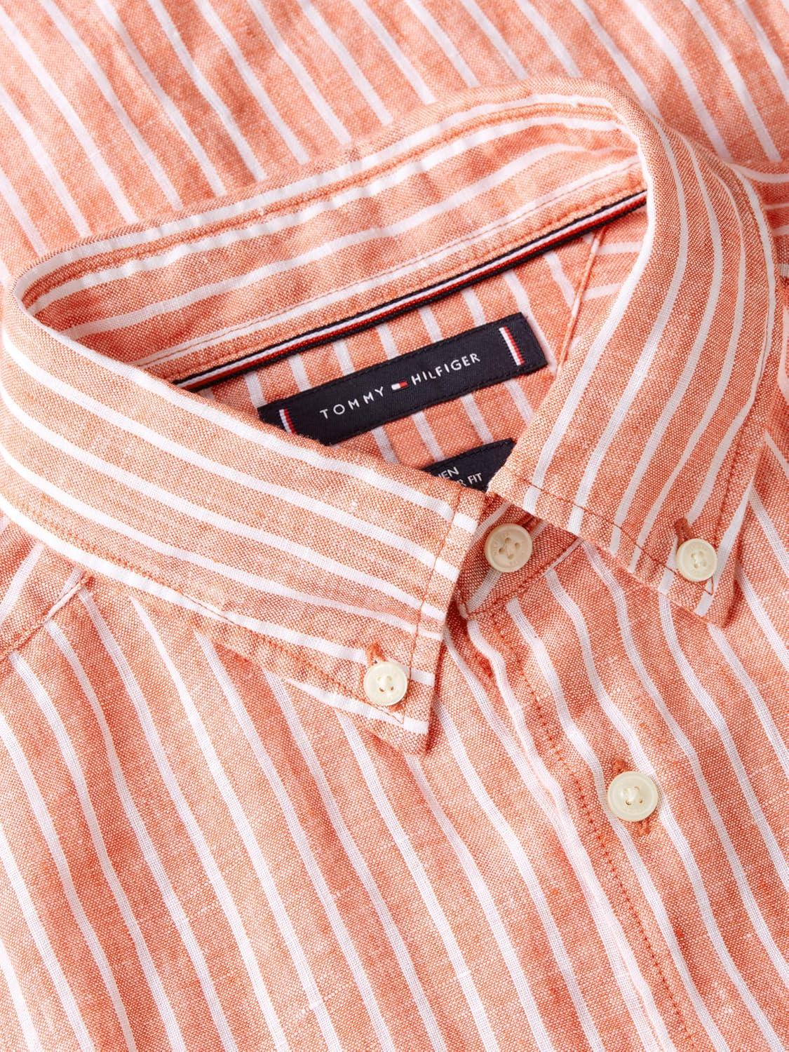imageTommy Hilfiger Mens Long Sleeve Casual Linen Button Down Shirts in Regular FitOrange Flash Stripe