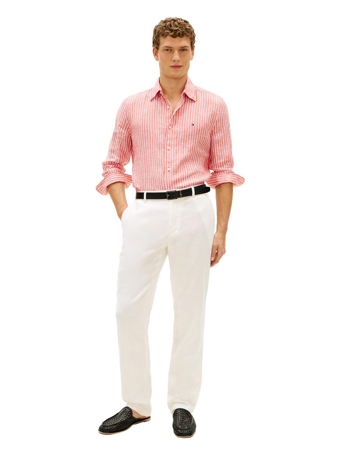 imageTommy Hilfiger Mens Long Sleeve Casual Linen Button Down Shirts in Regular FitOrange Flash Stripe