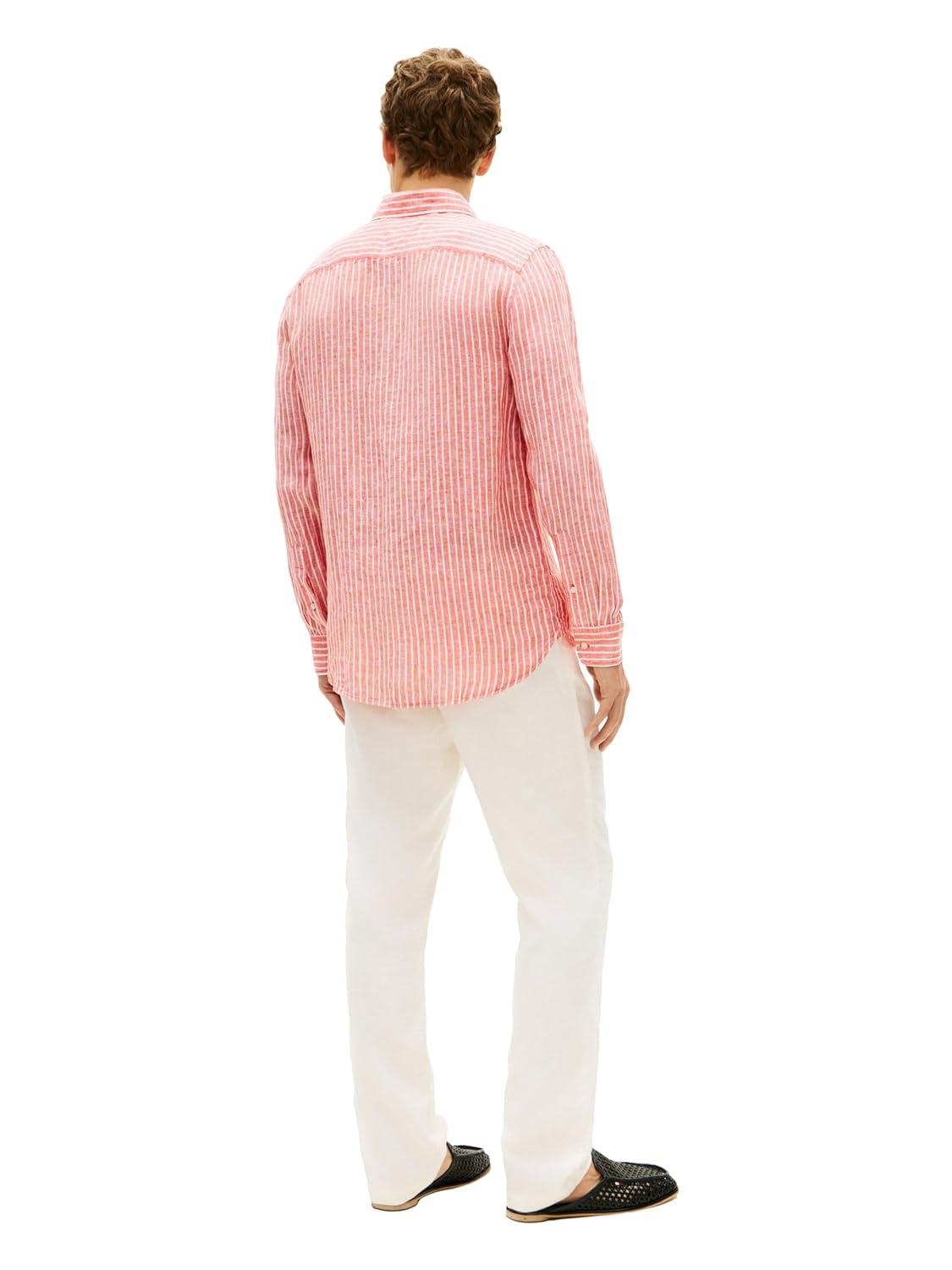 imageTommy Hilfiger Mens Long Sleeve Casual Linen Button Down Shirts in Regular FitOrange Flash Stripe