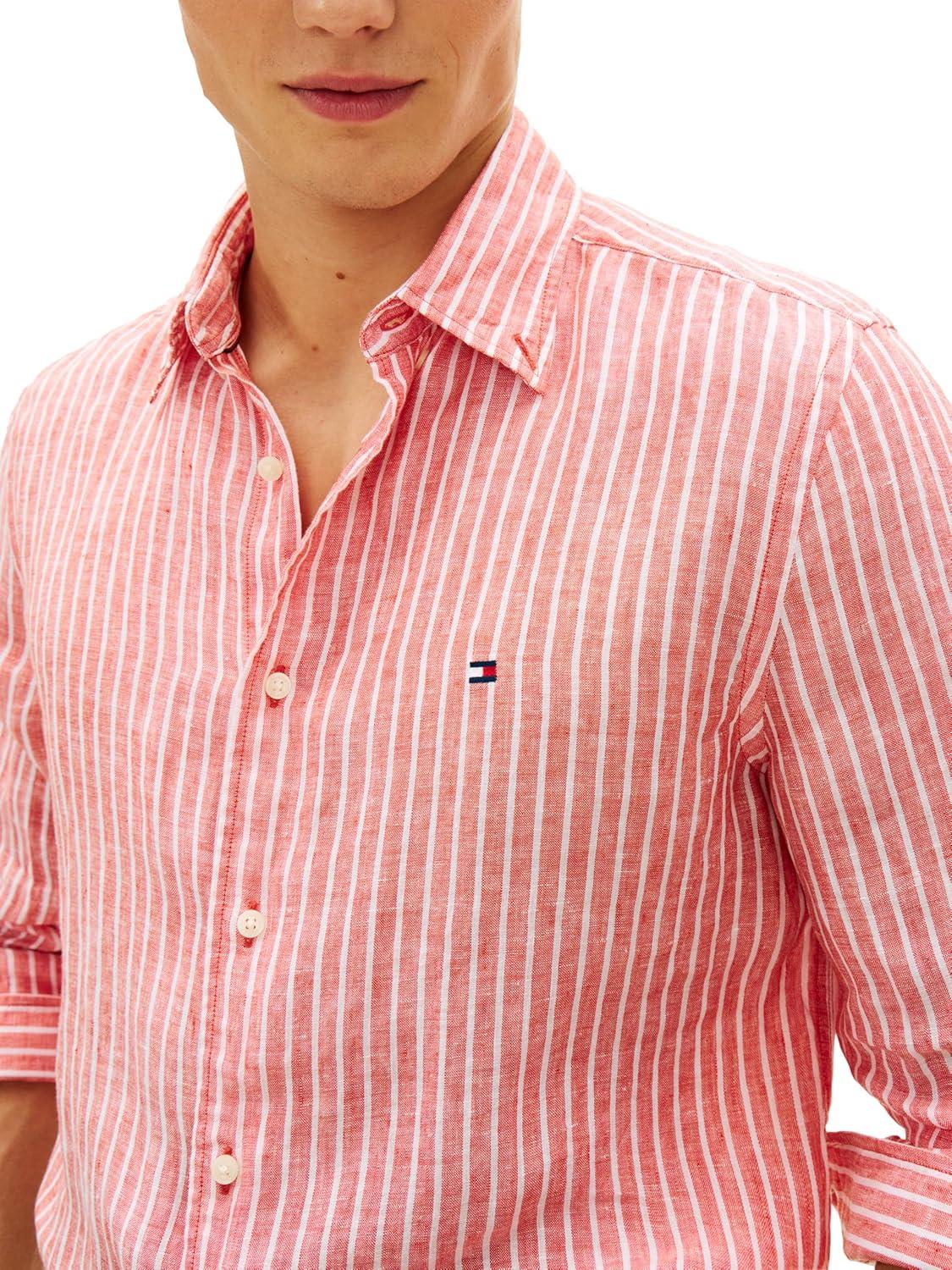imageTommy Hilfiger Mens Long Sleeve Casual Linen Button Down Shirts in Regular FitOrange Flash Stripe