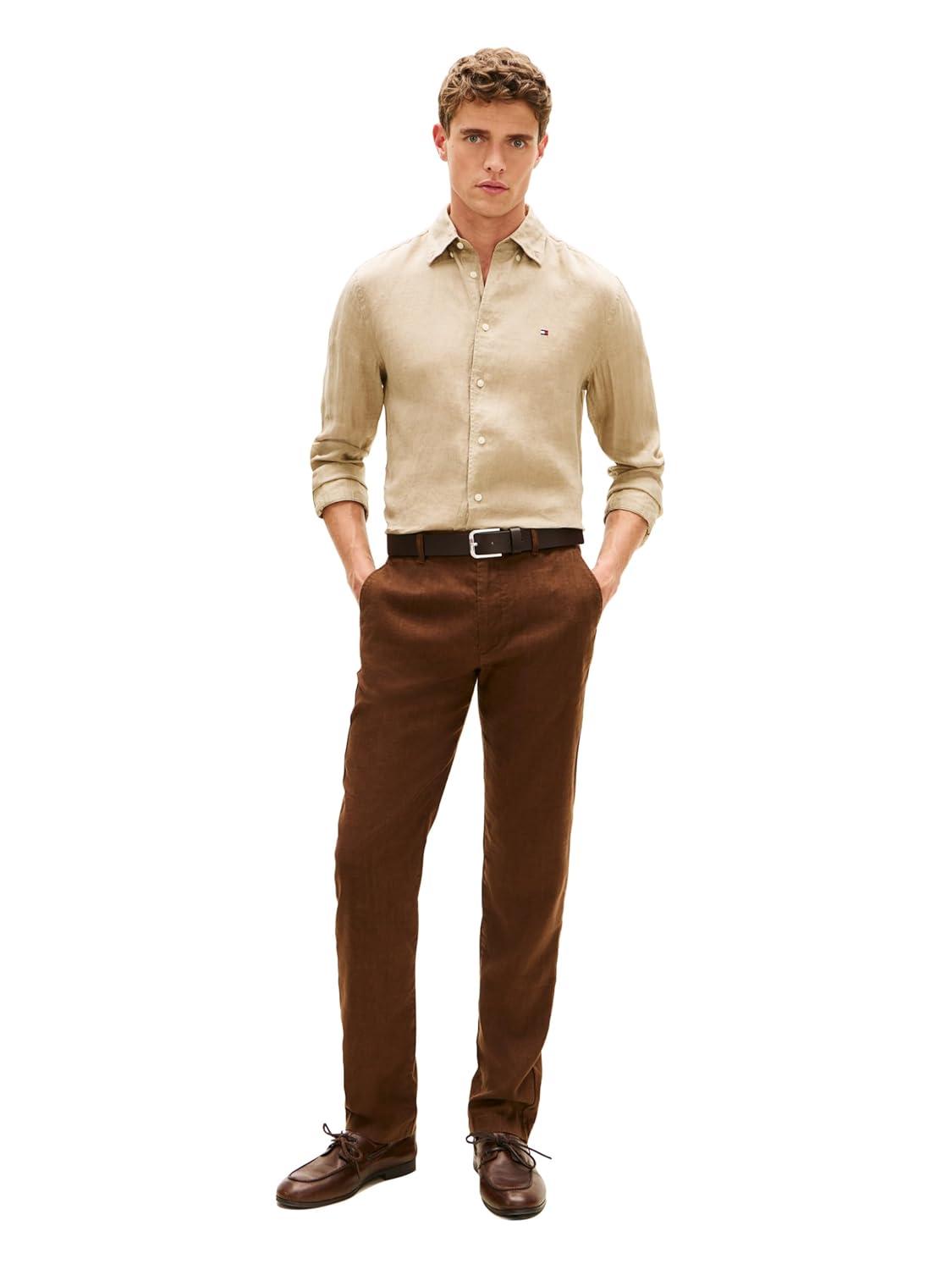 imageTommy Hilfiger Mens Long Sleeve Casual Linen Button Down Shirts in Regular FitSandalwood